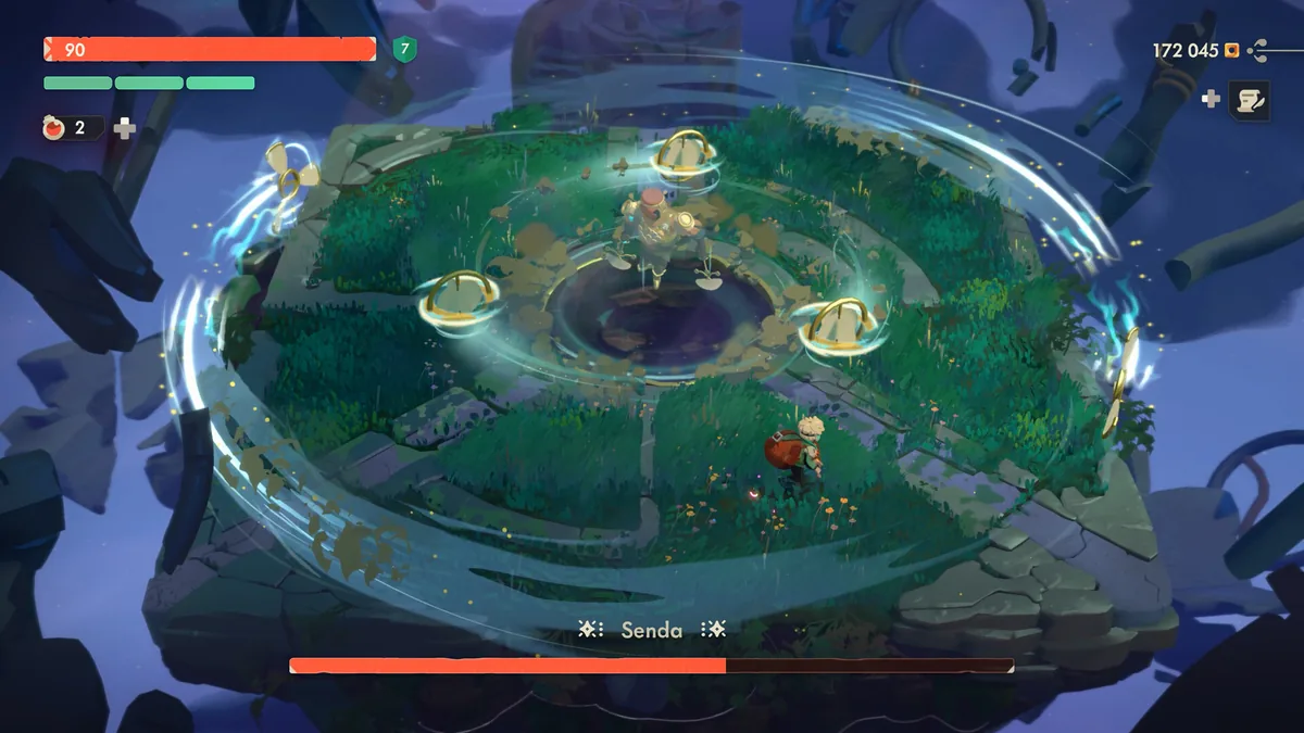Senda stands inside a circular Aeolia arena while wind rings and a boss health bar fill the screen