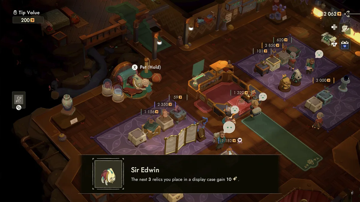 Moonlighter 2 shop floor with customers browsing purple display rugs, price tags above each item and a Sir Edwin relic tooltip reading that the next three relics placed in a display case gain 10