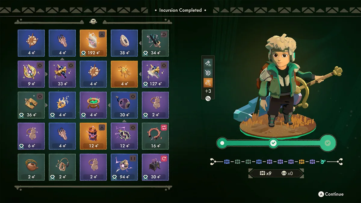 Moonlighter 2 Incursion Completed screen with a five by five grid of collected relics and their values beside the player character holding a staff and a run progress bar