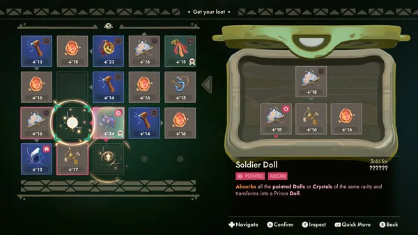 Moonlighter 2 loot screen showing a Soldier Doll with the Absorb relic effect and pointed items