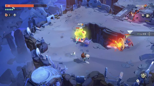 Moonlighter 2 combat scene with damage numbers, status icons, and a glowing enemy effect