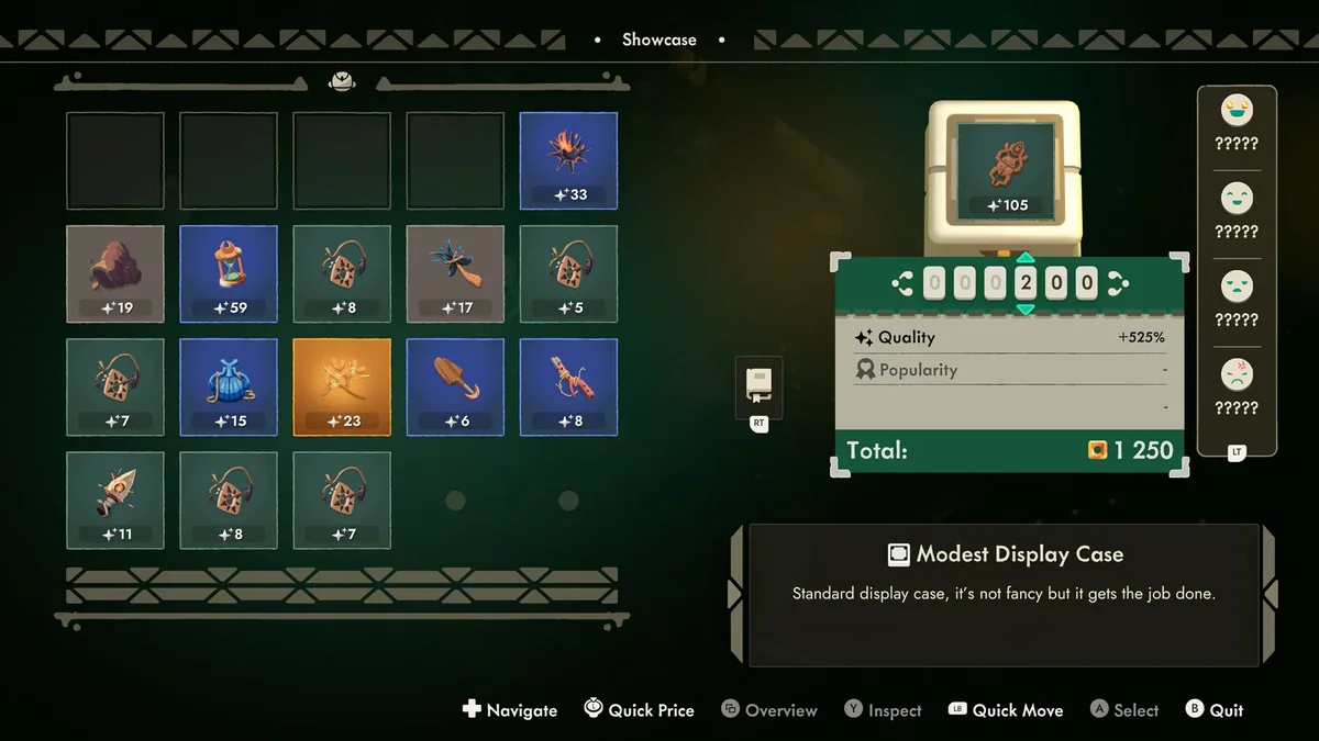 Moonlighter 2 showcase screen showing relics, quality, and display case controls