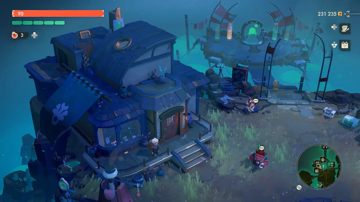 Will stands alone in a blue Moonlighter 2 area with a portal and town buildings visible