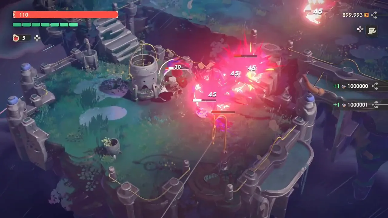Purple Hex marks jumping between a pack of enemies on a stone platform, with 45-damage numbers over several of them