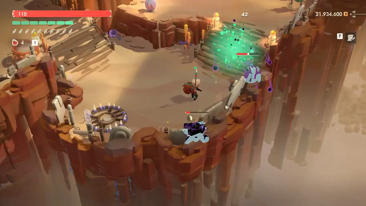 A green poison burst on an enemy in a desert arena surrounded by rock walls and wooden stairs