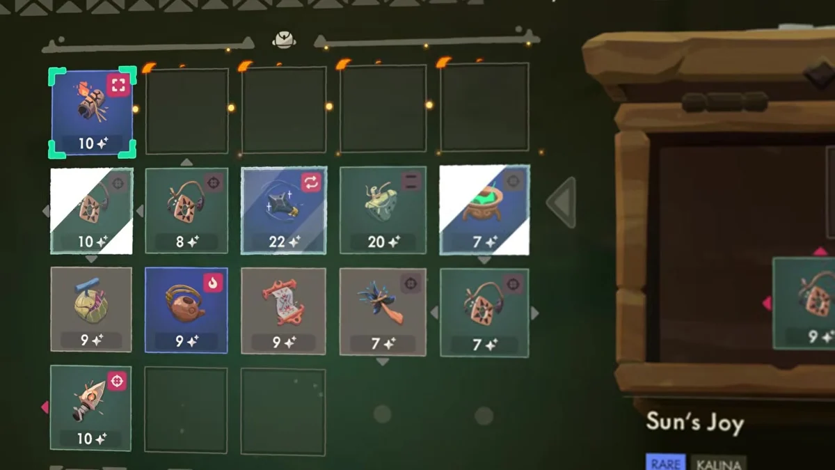 Moonlighter 2 backpack grid in Kalina: the relic in the top-left slot shows 10 quality while the four slots beside it burn away, and the side panel names Sun's Joy, a Rare Kalina relic