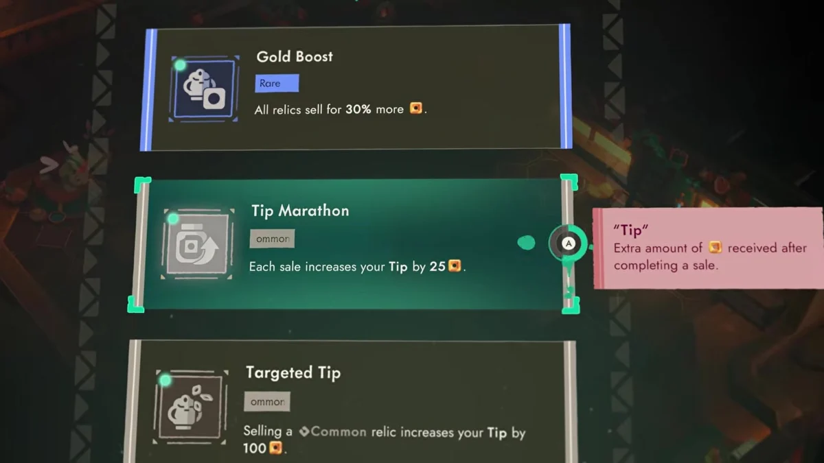 Shop Perk selection screen listing Gold Boost, Tip Marathon and Targeted Tip, with a pink tooltip explaining that a Tip is extra coin received after completing a sale