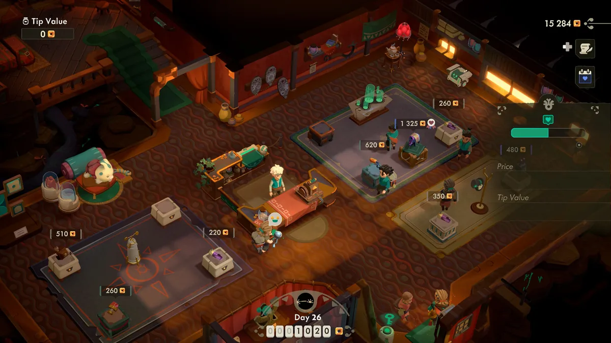 Moonlighter 2 shop interior with price tags on relic pedestals reading 220, 260, 350, 510, 620 and 1,325 coins, and a Price and Tip Value panel open on the right