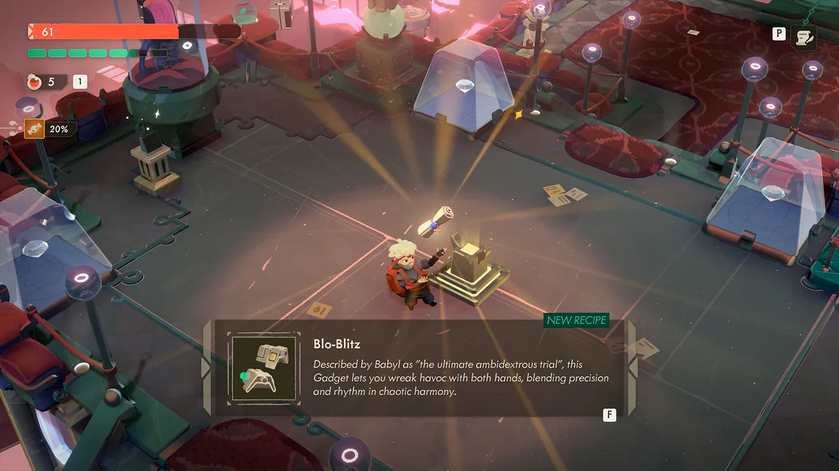 Will standing before a glowing pedestal as a "New Recipe" notification for the Blo-Blitz Gadget appears, described by NPC Babyl as an ambidextrous combat tool