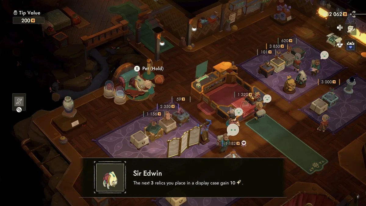 A shop display room showing a pet named Sir Edwin granting a relic-value buff, customer NPCs reacting with speech bubbles, and item price tags ranging from 59 to 3,850 coins