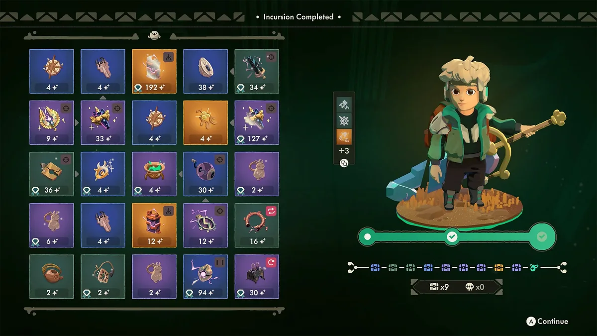 Moonlighter 2 inventory screen showing a completed incursion, relic quality, and the character model