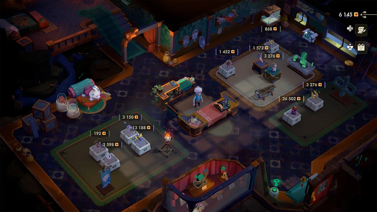 Merchant shop display with relics and weapon-like items arranged on pedestals beside the counter