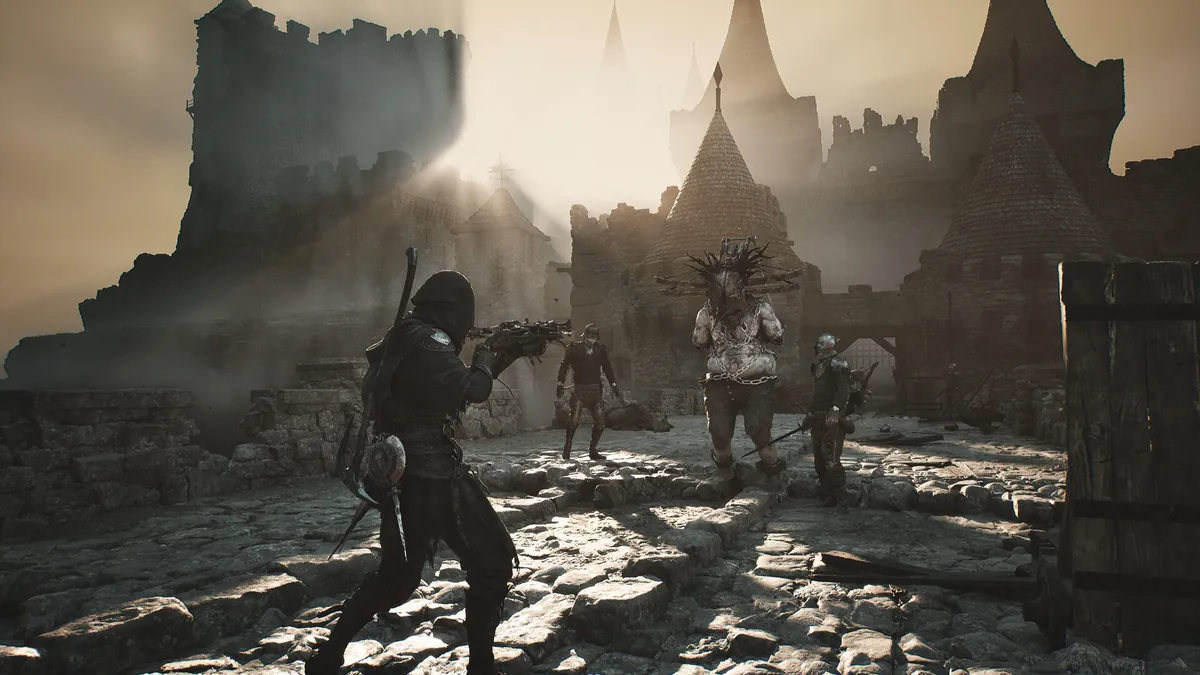 Two armored fighters confronting a hulking chained figure with a sackcloth hood in a fog-lit ruined town square