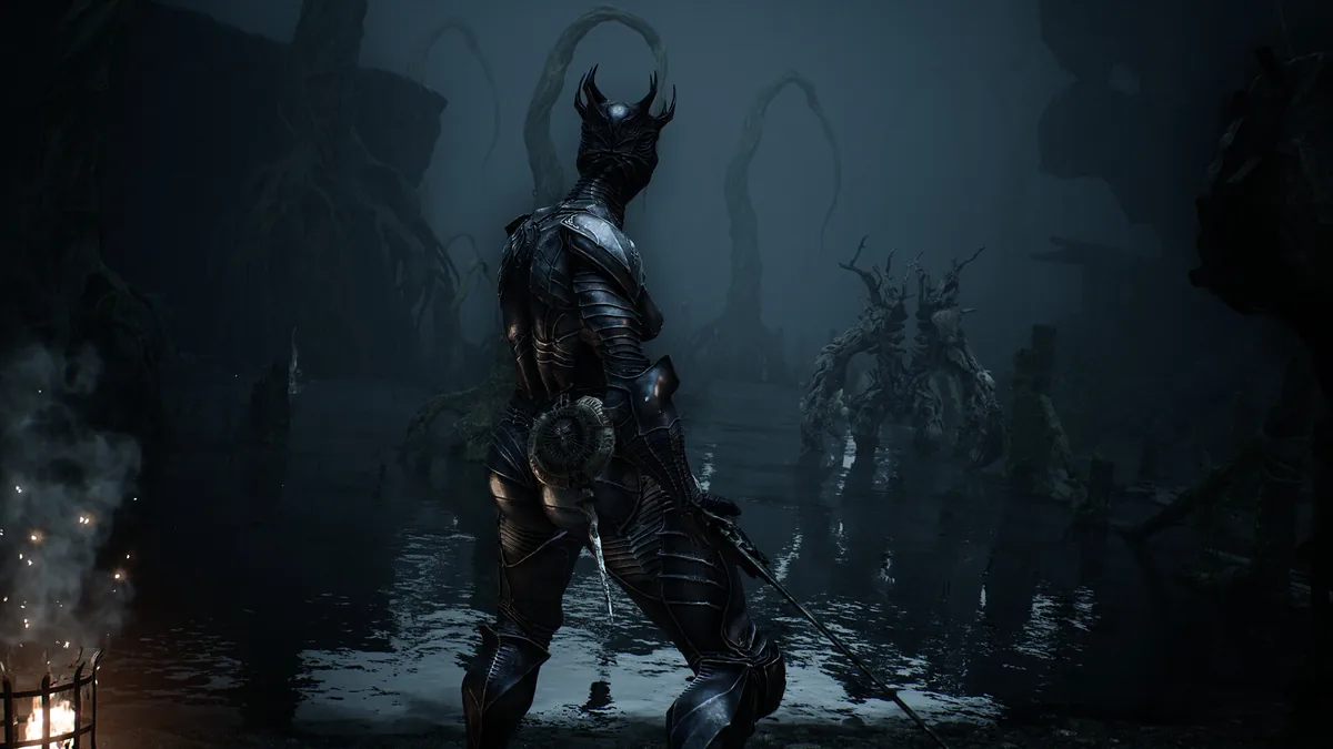 The hooded Harbinger walking through a fog-shrouded swamp lined with tentacle-like plant growths and skeletal tree formations