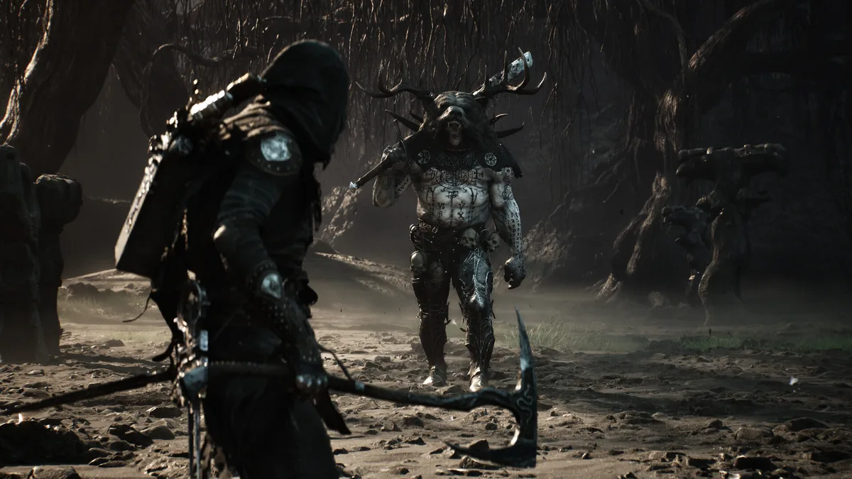 The hooded Harbinger facing a horned, rune-tattooed humanoid enemy in a dust-blown clearing, more creatures visible in the misty background