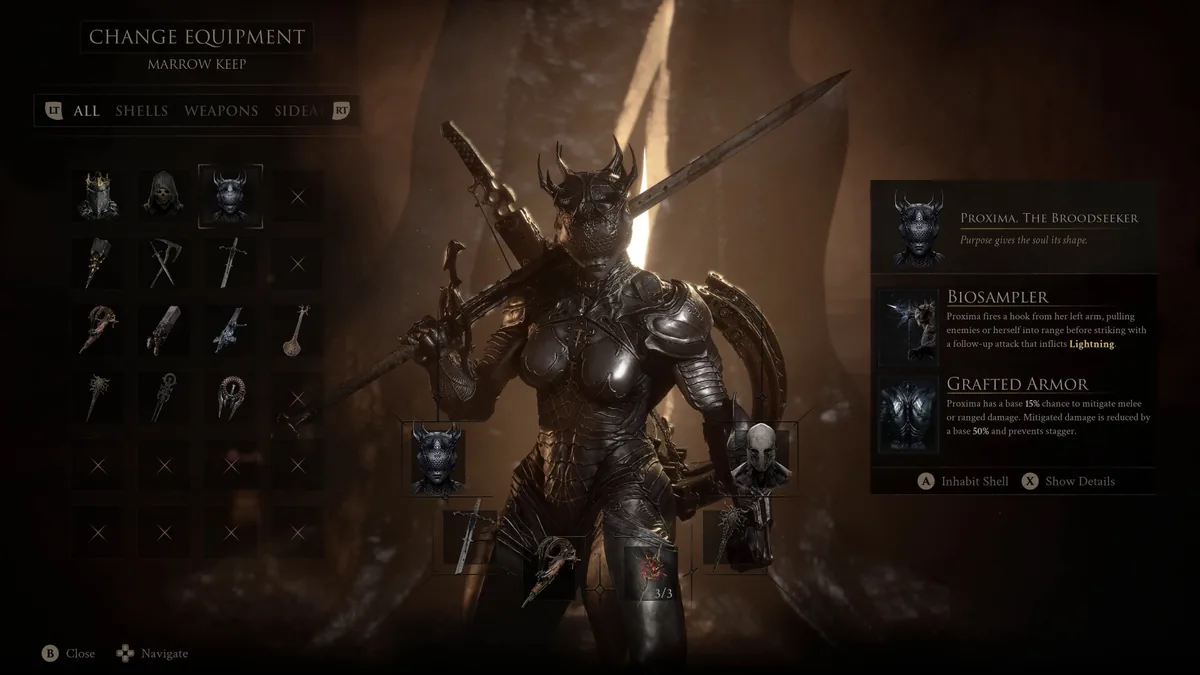 Mortal Shell II equipment menu at Marrow Keep showing Proxima, the Broodseeker, equipped with her Biosampler hook attack and Grafted Armor mitigation passive