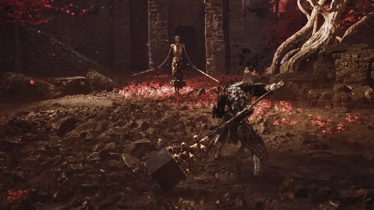 A knight character in armor confronting an armored, sword-wielding foe across a red-leaf-strewn ruined courtyard