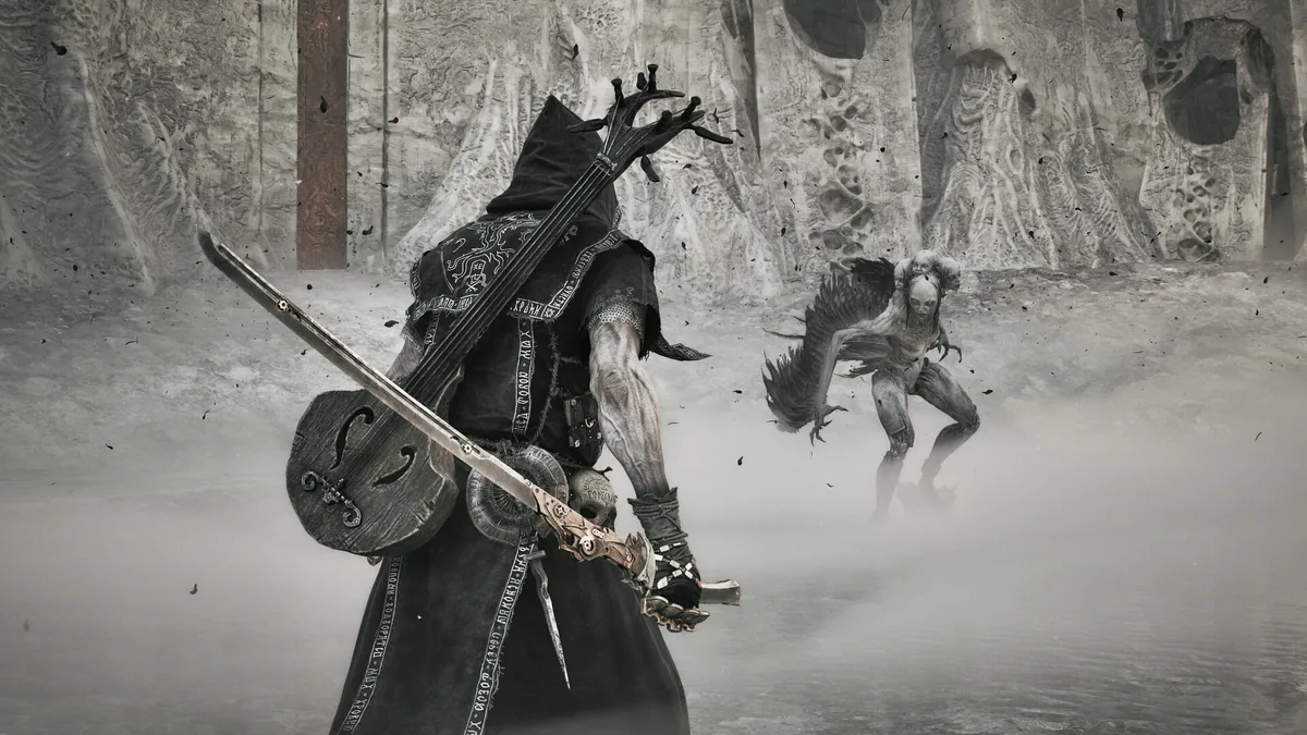 A character with a lute-shaped weapon strapped to their back facing a hunched, winged, multi-headed creature in an ash-covered ruin