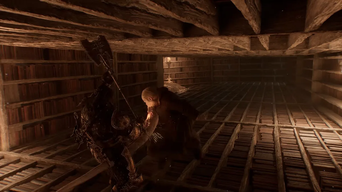 Two figures fight with heavy weapons in a wooden corridor lined with bookshelves