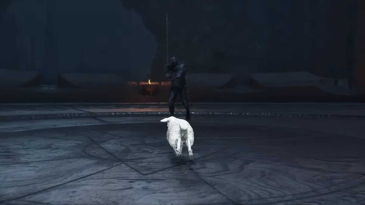 A white sheep trots across a dark stone hall while a hooded figure stands behind it