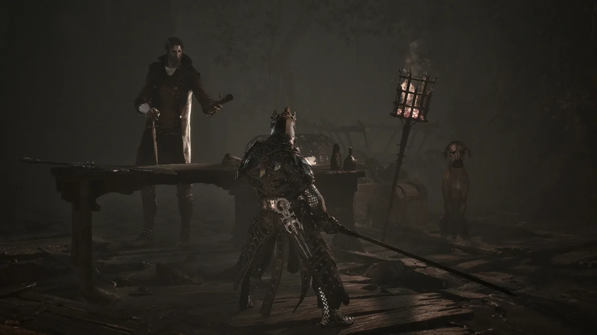 A knight holding a long spear stands in a dim timber hall beside a table while a robed figure watches from behind