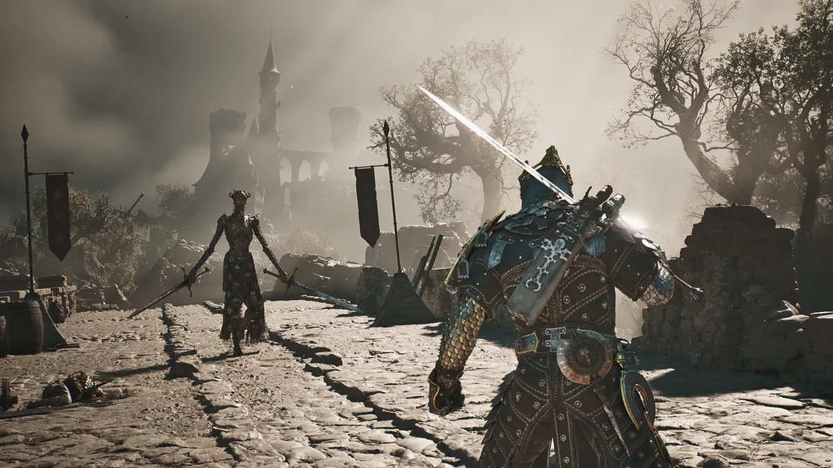 An armored knight raises a long blade on a sunlit cobbled road as an enemy with twin blades approaches past tattered banners