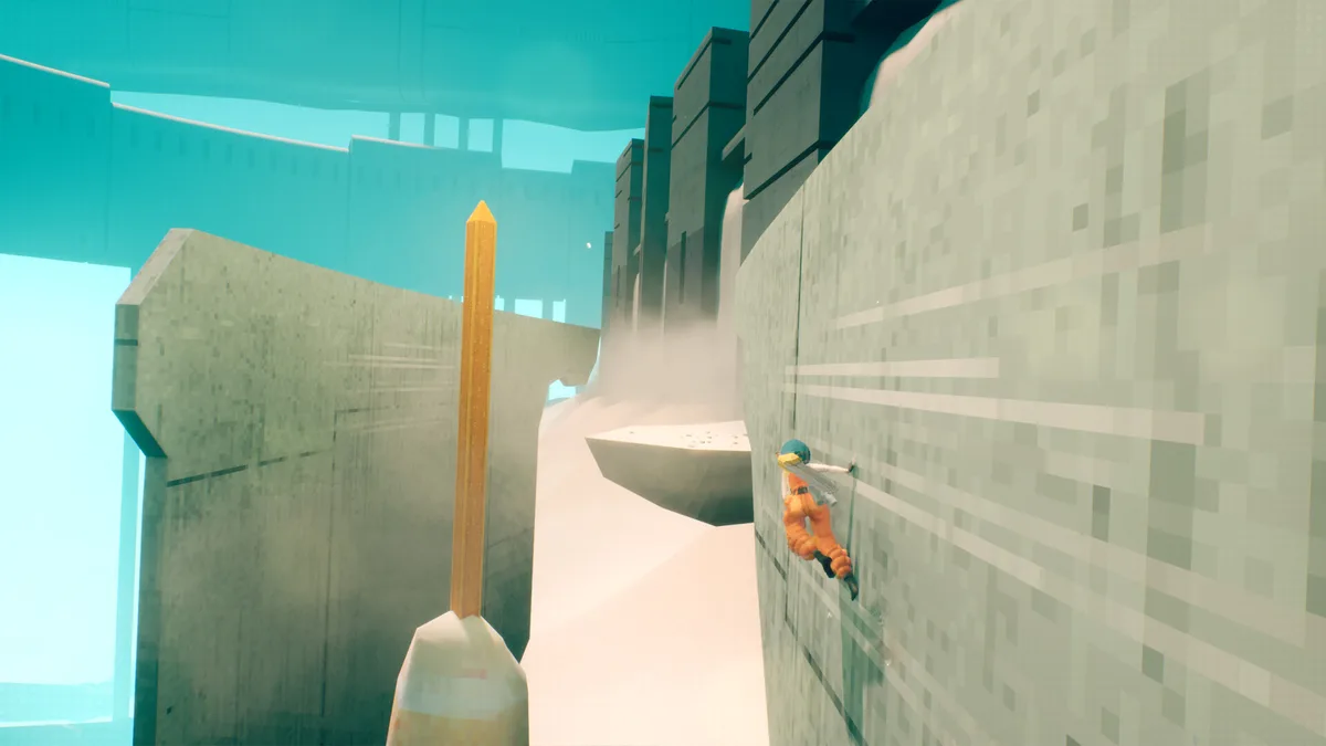 MOTORSLICE protagonist P standing in front of a halted massive construction robot boss, the machine's silhouette blocking the corridor behind her