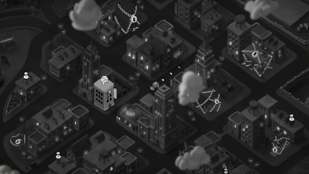 Black-and-white isometric overview map of Mouseburg showing a building labeled Pepper, a Bar, several chained and padlocked buildings marking locked districts, small cars on the streets, and fog drifting across the rooftops