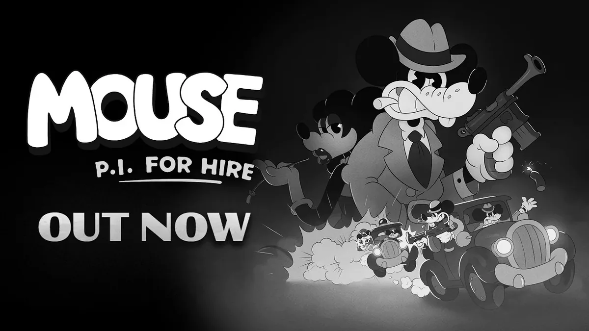 MOUSE P.I. For Hire weapon selection screen showing tommy gun and revolver with 1930s cartoon-style weapon cards