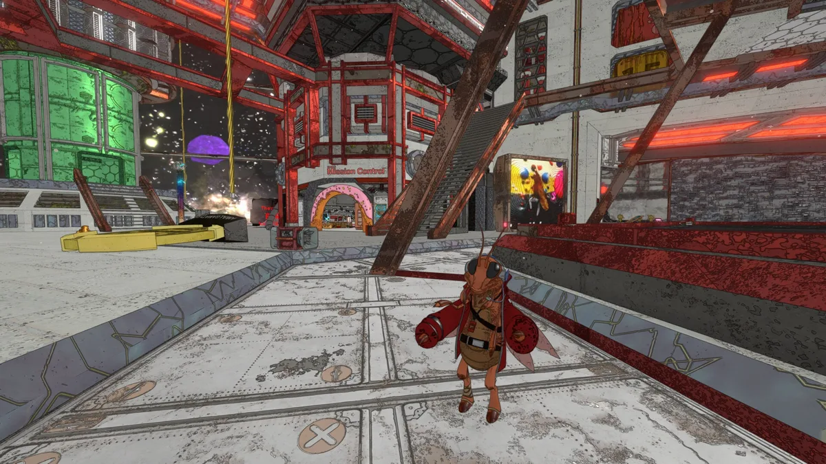 A small roach in a jacket stands in the middle of the HUB walkway, with red-lit corridors and green screens behind him