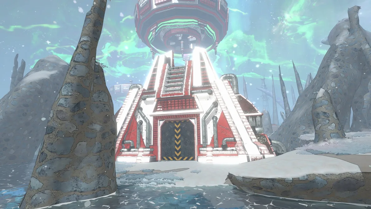 A red and white facility with a long staircase stands in an icy landscape under a green sky
