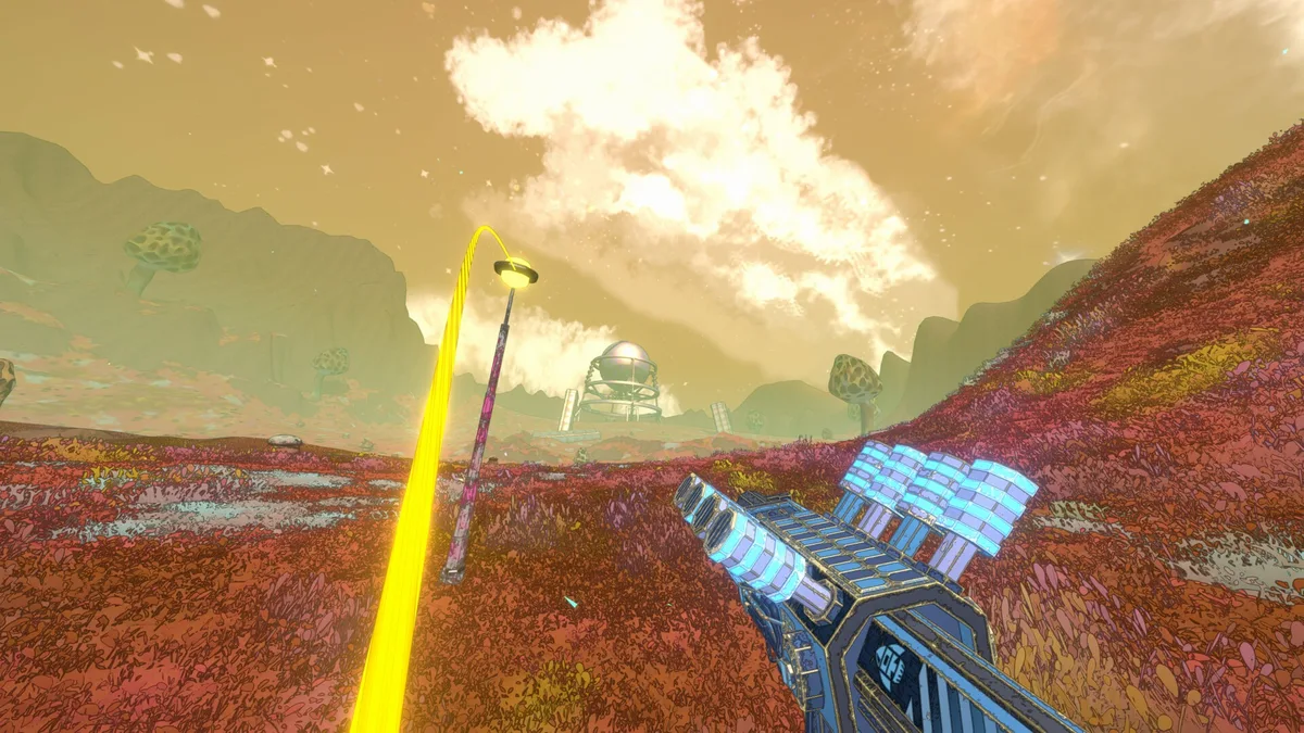 A first-person rifle points across a red grass field toward a yellow beam of light on the horizon