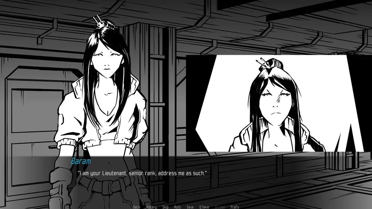 Lieutenant Baram, a dark-haired character with a stern expression, states that she outranks the player and should be addressed by her rank, shown in a matching corridor setting