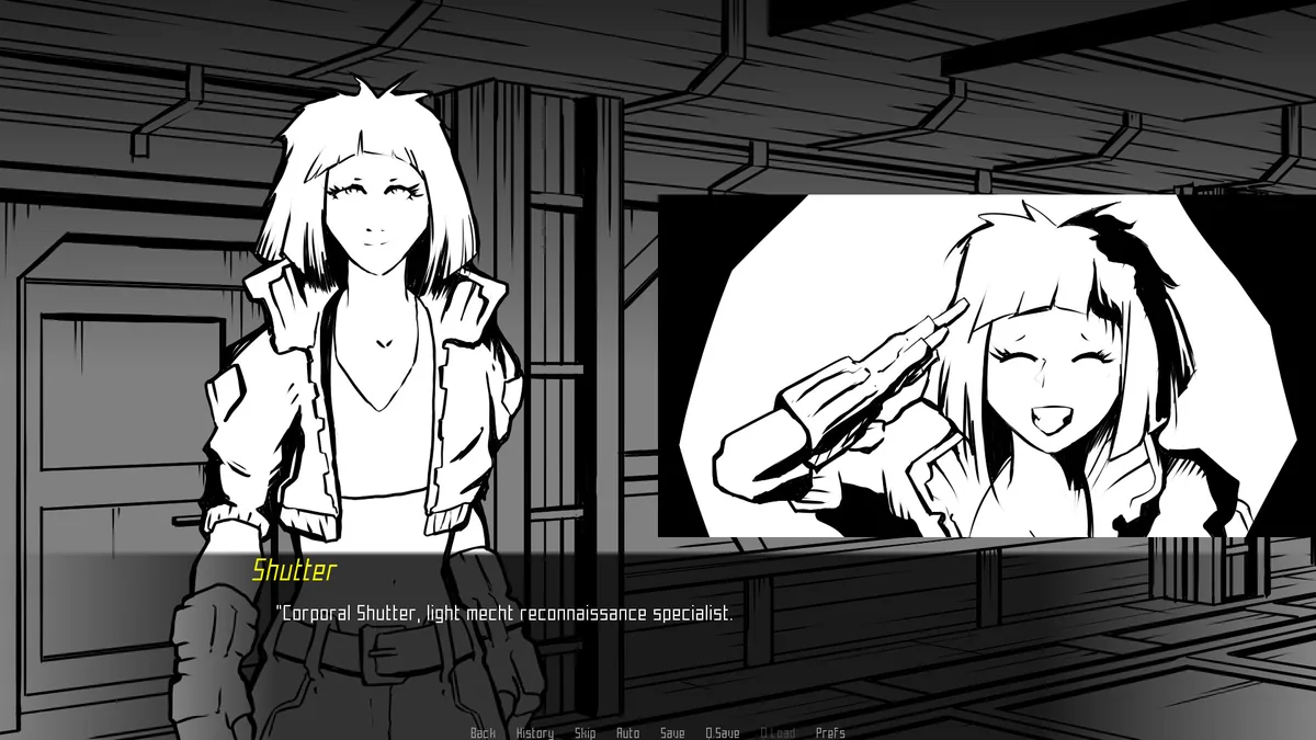 Corporal Shutter, a white-haired character in a padded jacket, introduces herself as a light mecht reconnaissance specialist in a dialogue box inside a cramped metal corridor