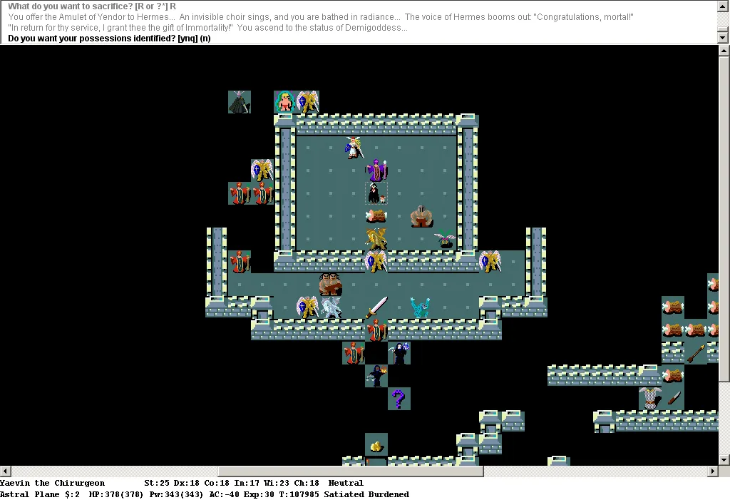 NetHack 5.0.0 ASCII dungeon view showing a player character navigating corridors with color-coded status bar at the bottom
