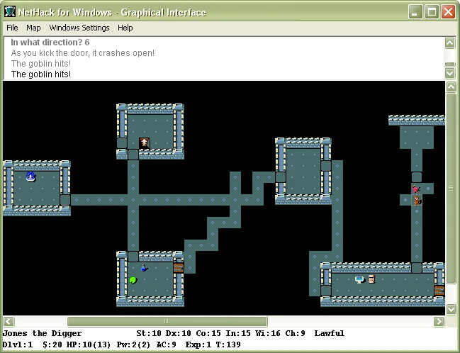 NetHack for Windows showing the graphical tile mode with character sheet, dungeon map, and item inventory panel visible