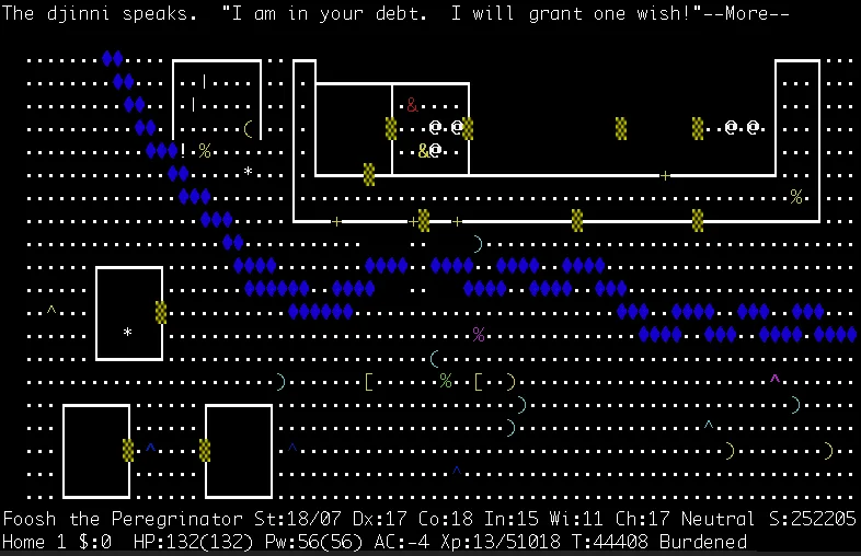 NetHack ASCII dungeon encounter showing the @ player character interacting with a djinni on a multi-room floor map