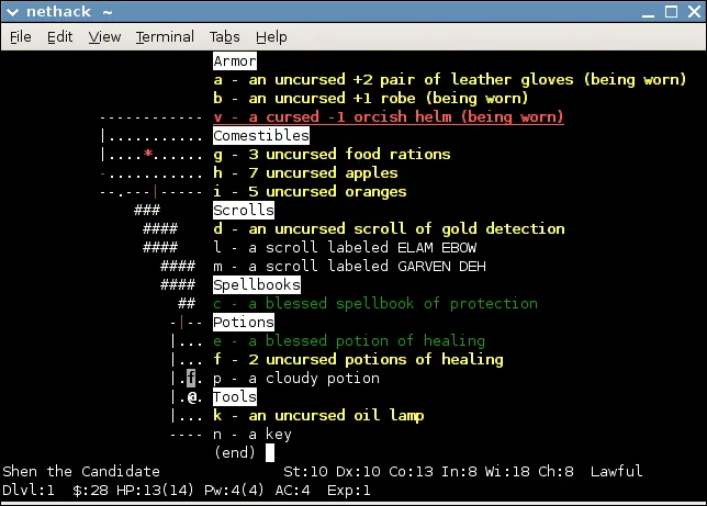 NetHack inventory screen showing items, encumbrance, and the multi-column ASCII character stats panel