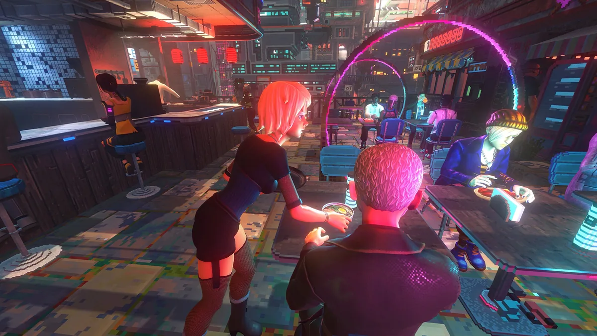 A red-haired server carries a bowl through a neon bar toward seated patrons