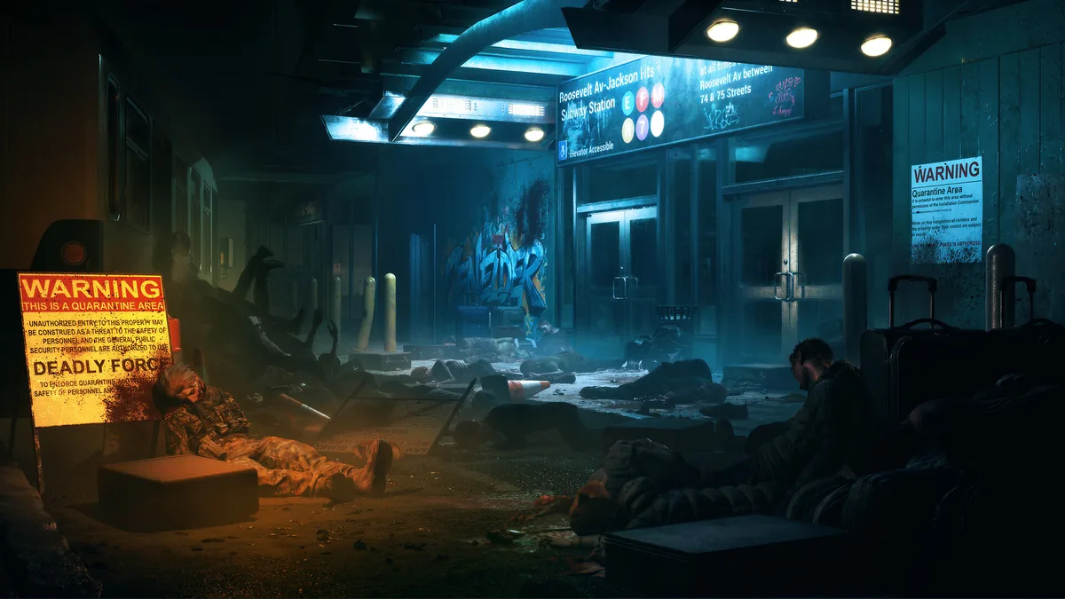 A subway platform marked with Quarantine Area and Deadly Force warning signs, bodies and luggage scattered across it