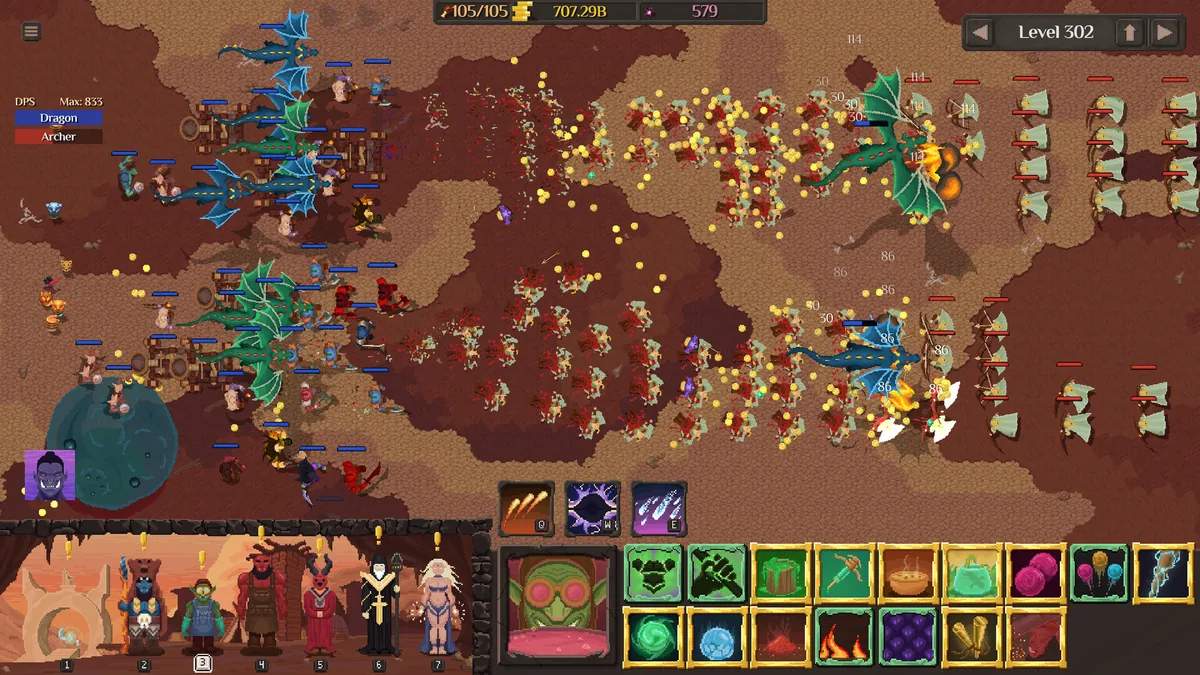 A large-scale battle at Level 302 shows blue dragons and red archer units clashing across a battlefield, with a DPS meter breaking down Dragon versus Archer damage output at the top left
