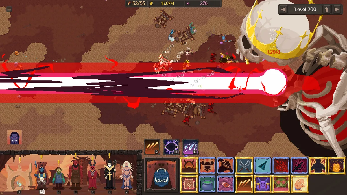 A massive crowned skeleton boss labeled Level 200 exchanges a beam attack with a small army of orc units, with a 7-unit roster and spell icons visible at the bottom of the screen