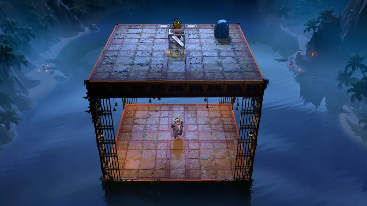 A two-level iron cage room floating over dark water, one hero standing on the tiled roof and another on the floor below