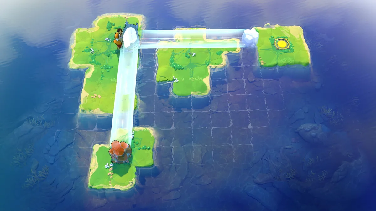 Grassy islands on a tiled sea joined by glowing beams of light, a small figure standing beside a stone block