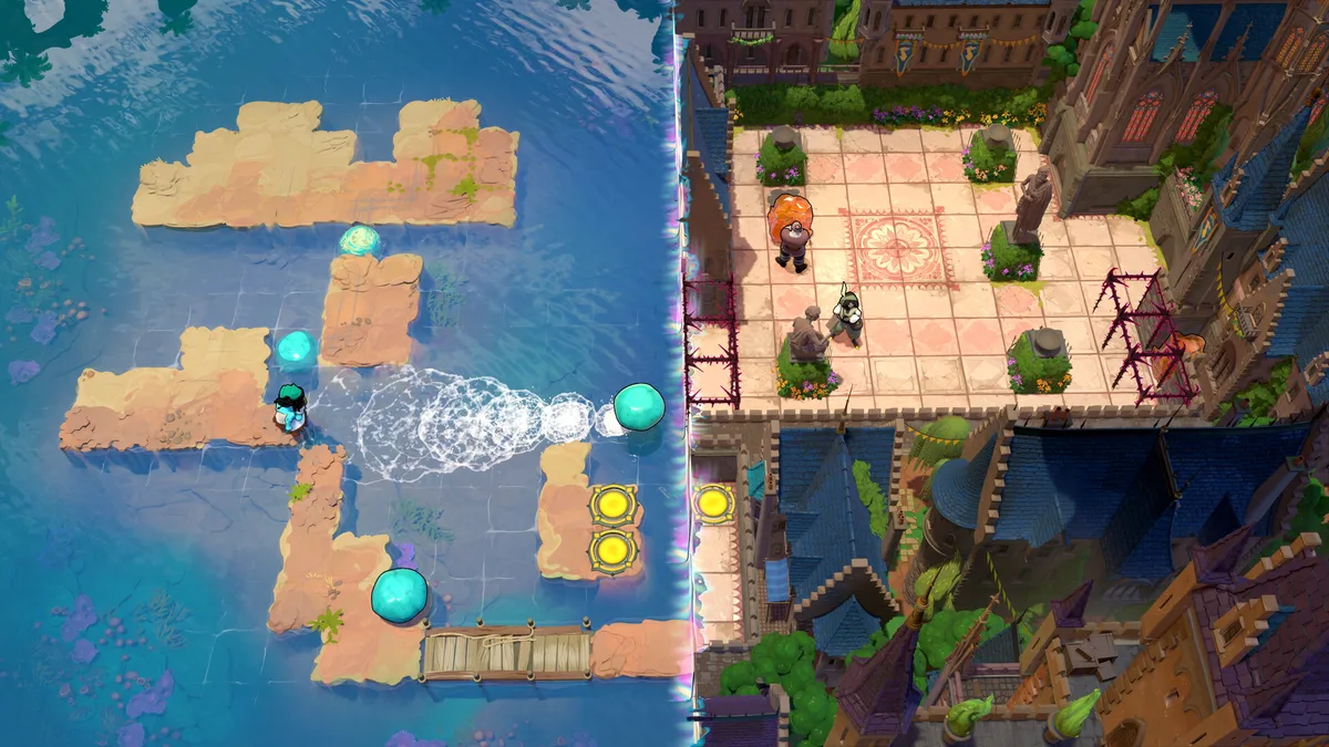 Split view of sandy islets with teal stones and a jet of water on the left, a castle courtyard with several heroes on the right