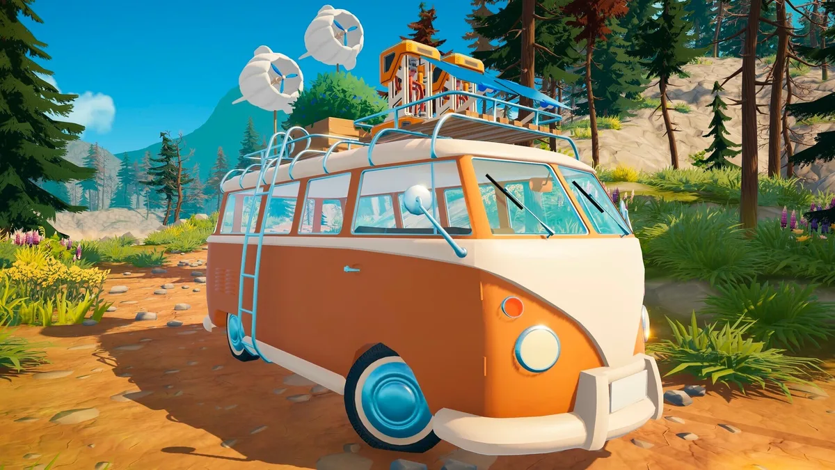 Outbound van parked at coastal biome with shoreline resource nodes visible, solar panel extended and battery indicator showing healthy charge