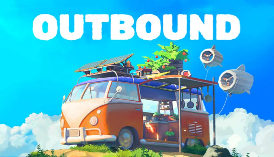 Outbound camper van with full co-op group of four players gathering resources near a coastal signal tower