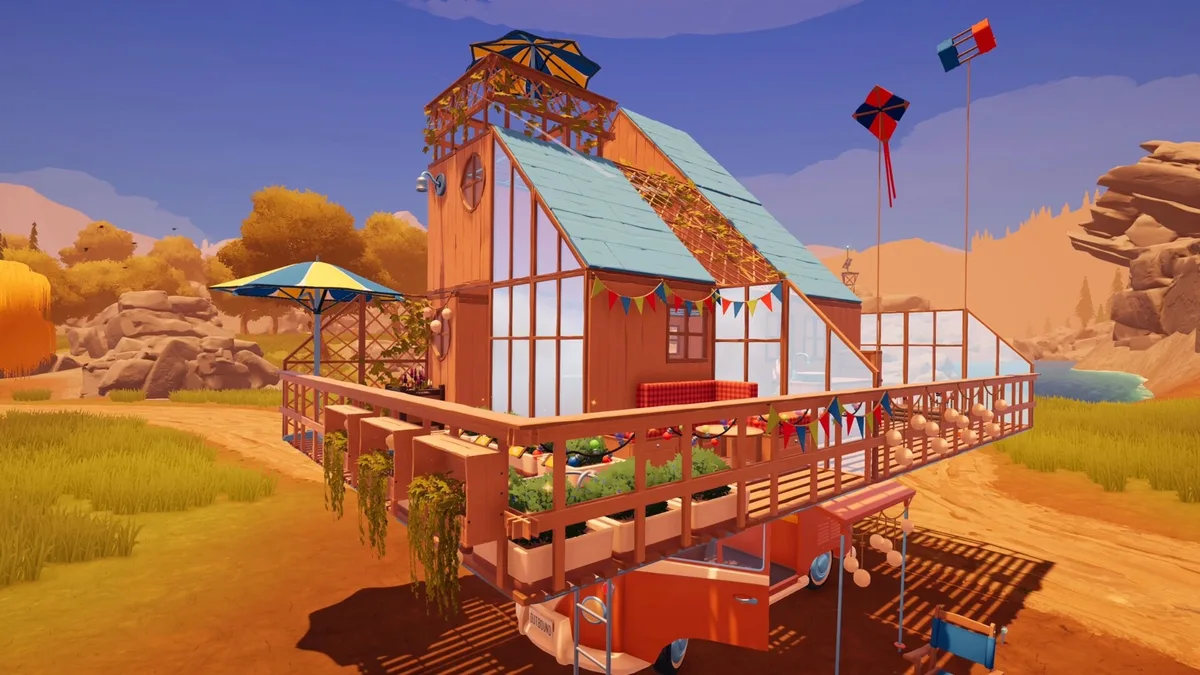 Four-player Outbound co-op session showing van parked at coastal cliff biome with crops on roof rack