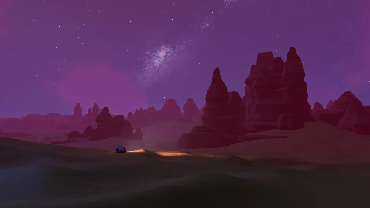 A lone 4x4 with headlights on crossing dark dunes under a starry purple sky and tall rock spires