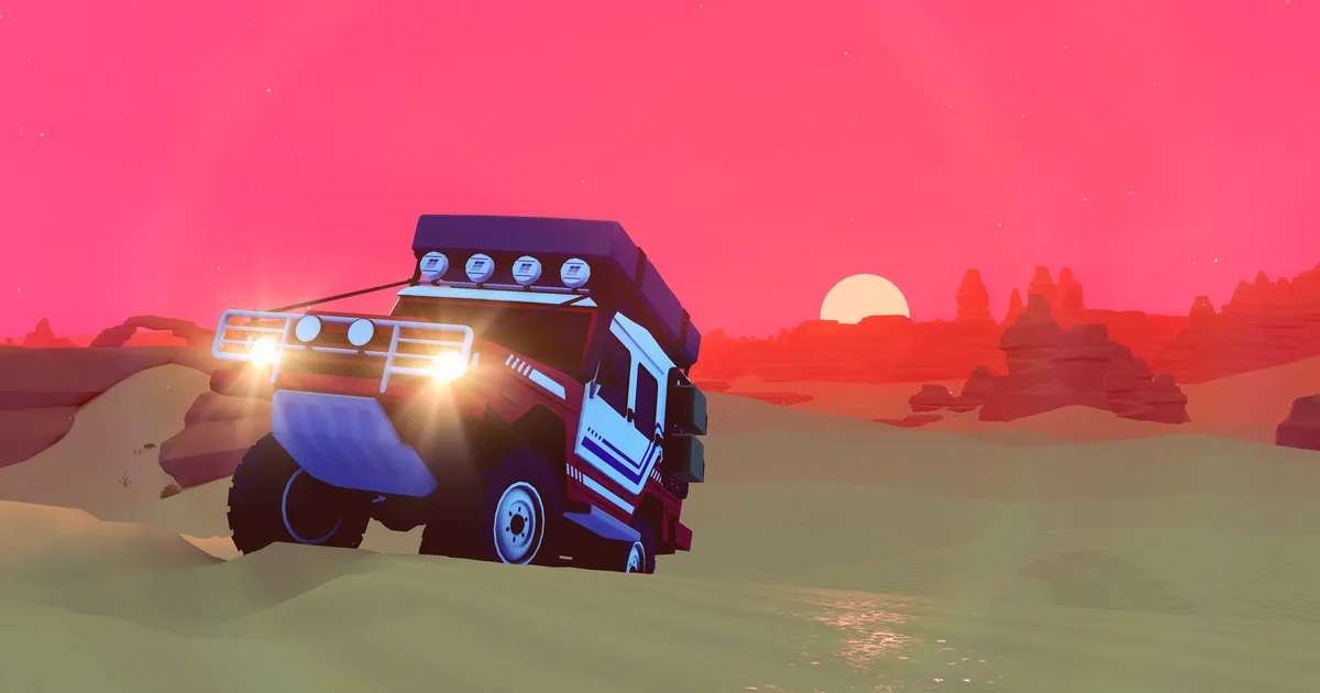 Over the Hill 4x4 with lit headlights and a loaded roof rack cresting a desert dune as a red sun sets behind rock towers